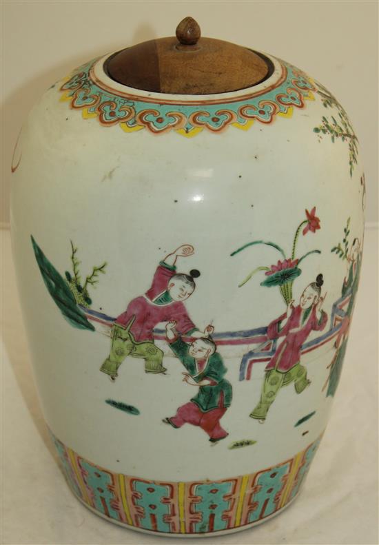 A Chinese famille rose ovoid jar, late 19th century, 32cm inc. wood cover